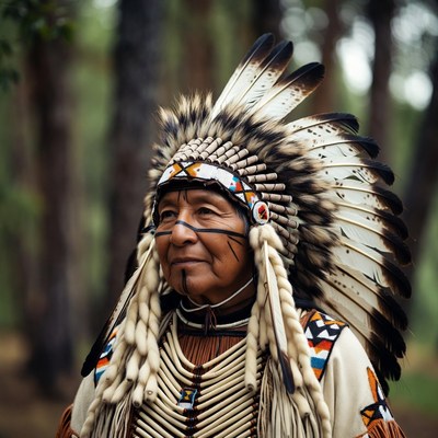 Indigenous man in feather headdress forest