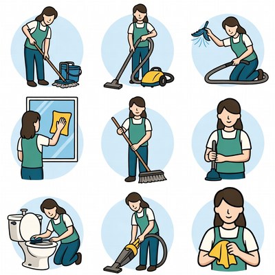 Woman Cleaning House Illustration Set