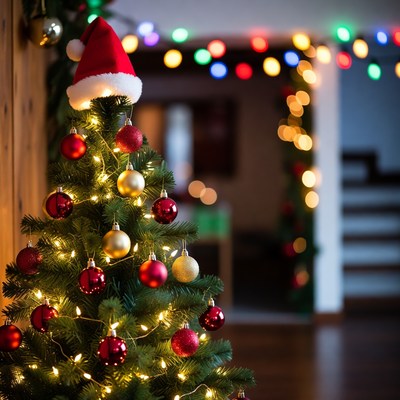 Festive Christmas Tree with Santa Hat