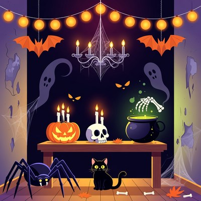 Halloween Scene with Cat and Cauldron