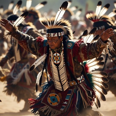 Native American man dancing with feathers