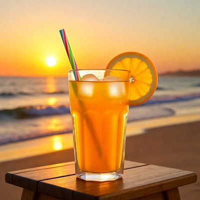 Orange Juice with Straw on Beach Sunset