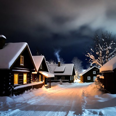 Snowy Wooden Houses at Night