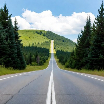 Winding road through pine forest mountain