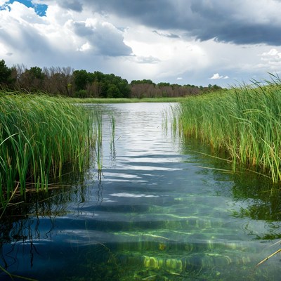 Reeds Framing Calm Lake Waters
