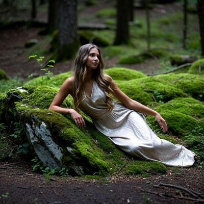 Woman in gold dress on mossy rock forest