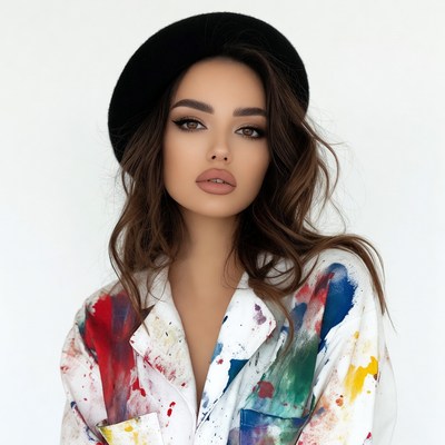 Woman in black beret and colorful jacket