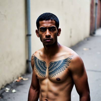 Shirtless man with wing chest tattoo