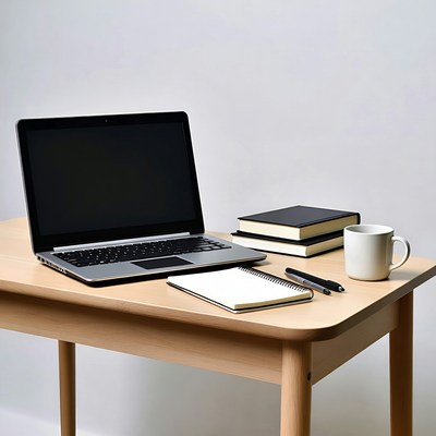 Laptop on desk with notebook and coffee