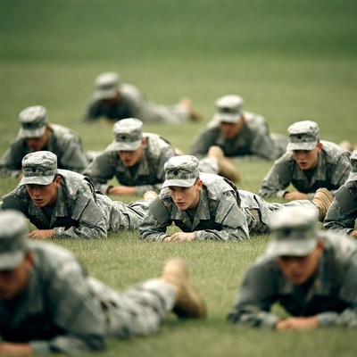 Soldiers doing pushups on grass field