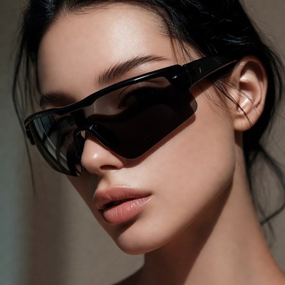 Woman wearing black futuristic sunglasses