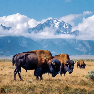 Bison herd grazing near snowy mountains