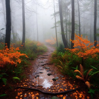 Foggy Forest Path with Autumn Foliage