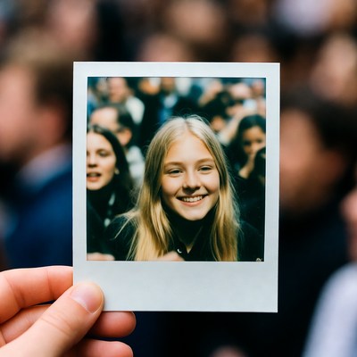 Smiling blonde girl in Instax photo
