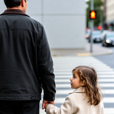 Father holding daughter's hand at crosswalk