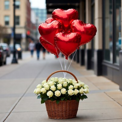 Red Heart Balloons and White Roses Basket