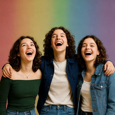 Three curly-haired girls laughing with rainbow background
