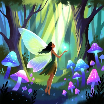Fairy holding glowing orb in enchanted forest