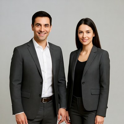 Smiling man and woman in business suits