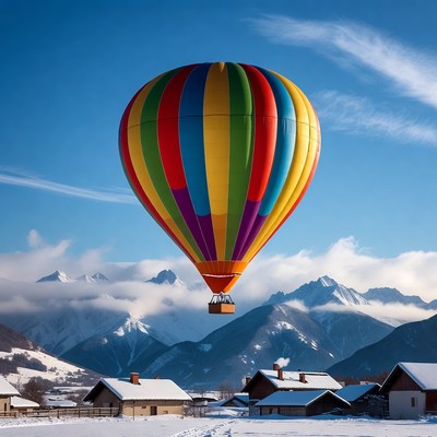 Colorful Hot Air Balloon Over Snowy Mountains