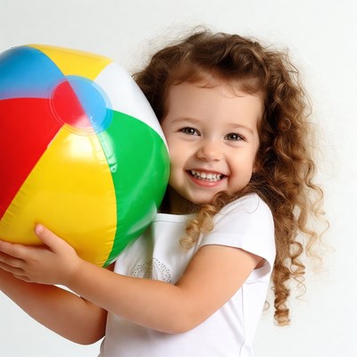Girl holding colorful beach ball