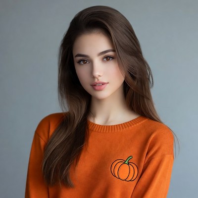 Woman in orange pumpkin sweater