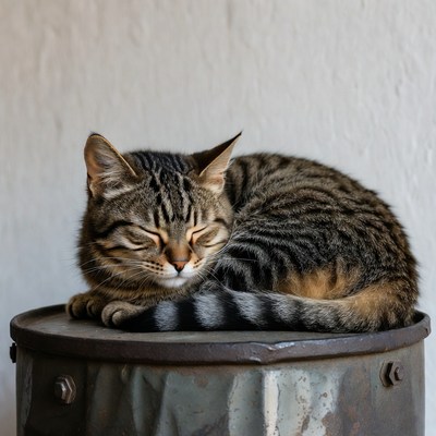 Sleeping tabby cat on metal stool