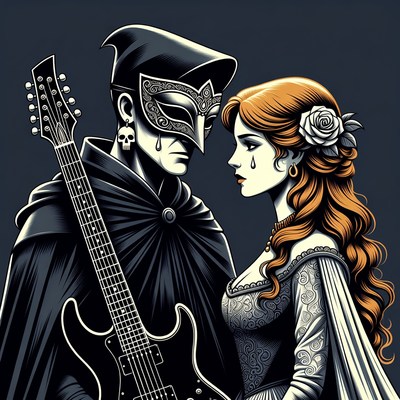 Masked man with guitar and redhead woman
