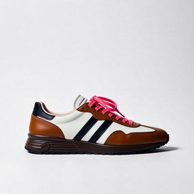 Brown white sneakers with pink laces