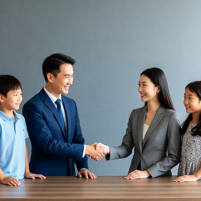 Asian family shaking hands with businessman
