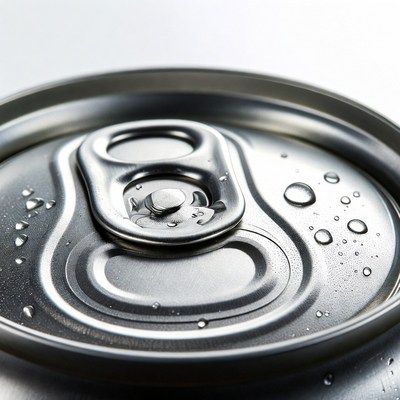 Open silver soda can with water droplets