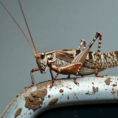 Grasshopper on muddy metal surface