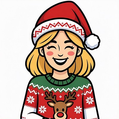 Blonde woman in Santa hat hugging reindeer