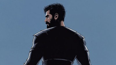 Bearded man in black armor from behind