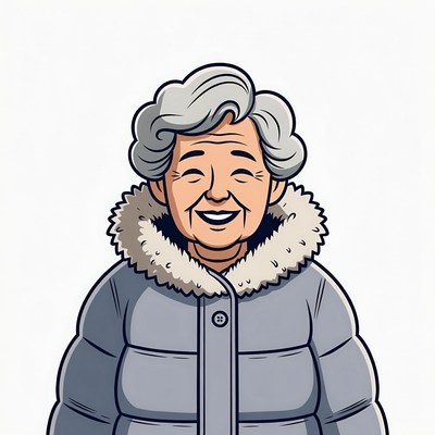 Elderly woman smiling in fur hooded coat