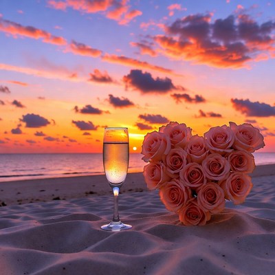 Champagne Glass and Pink Roses Sunset Beach