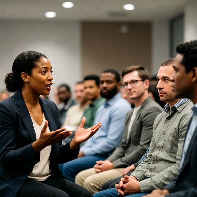 African-American woman speaking to diverse men