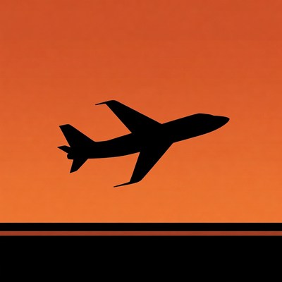 Black airplane silhouette on orange background