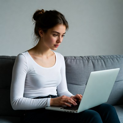 Woman typing on laptop on couch