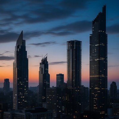 City skyline at sunset