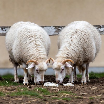 Two white goats eating hay
