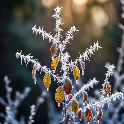 Frost-covered autumn leaves on branch