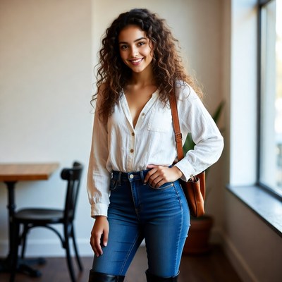 Smiling woman in white blouse and jeans