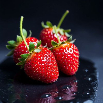 Three Fresh Strawberries on Black Slate
