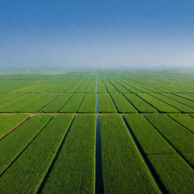 Aerial View of Green Rice Paddy Fields