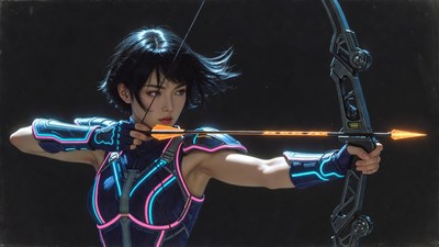 Asian woman shooting glowing bow and arrow