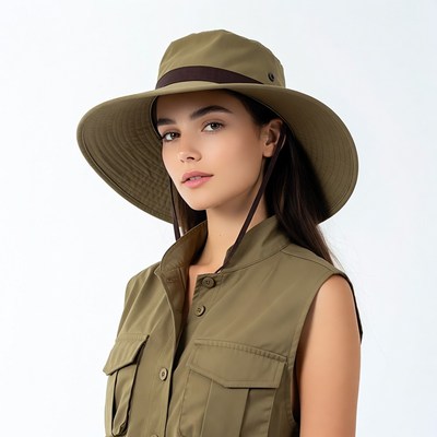 Woman wearing green bucket hat vest