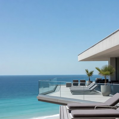Modern balcony overlooking turquoise ocean