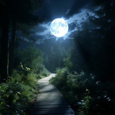 Moonlit Wooden Path in Dark Forest