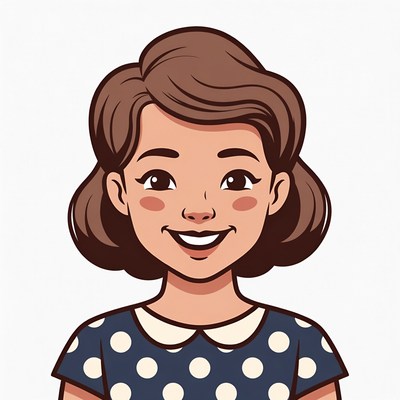 Smiling cartoon woman in polka dot dress